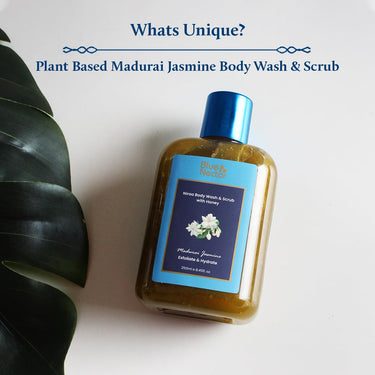 Blue Nectar Exfoliating Body Wash & Scrub for Rough & Bumpy Skin | Madurai Jasmine Tan Removal Body Scrub for Women & Men (10 herbs, 250ml)